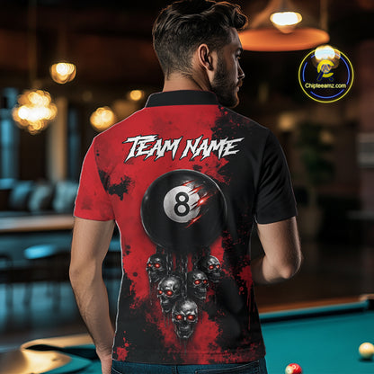 Red Grim Reaper 8 Ball Billiard Shirt For Men Custom Skull Pool Team Jersey Polo & 1/4 Zip TDM6102