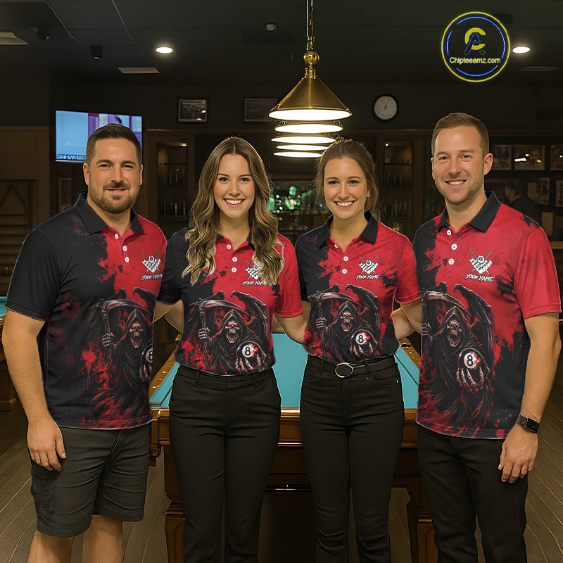 Red Grim Reaper 8 Ball Billiard Shirt For Men Custom Skull Pool Team Jersey Polo & 1/4 Zip TDM6102