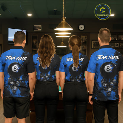 Blue Grim Reaper 8 Ball Billiard Shirt For Men Custom Skull Pool Team Jersey Polo & 1/4 Zip TDM6103