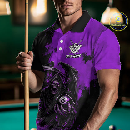 Purple Grim Reaper 8 Ball Billiard Shirt For Men Custom Skull Pool Team Jersey Polo & 1/4 Zip TDM6104