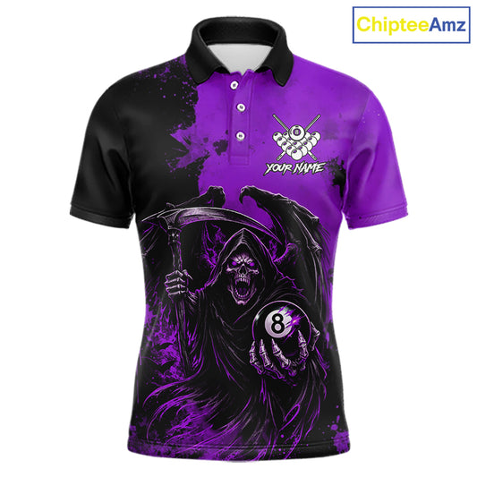 Purple Grim Reaper 8 Ball Billiard Shirt For Men Custom Skull Pool Team Jersey Polo & 1/4 Zip TDM6104
