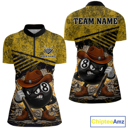 Yellow Grunge Funny 8 Ball Billiard Shirt For Women Custom Pool Team Jersey Polo & 1/4 Zip TDM6355