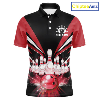 Black And Red Bowling Jersey For Men Custom Strike Lightning Bowling Team Jersey Polo & 1/4 Zip TDM6357