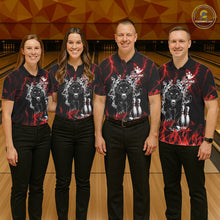 Load image into Gallery viewer, Bowling team wearing matching red flaming panther bowling jerseys during league matches front view.