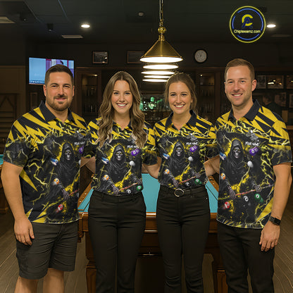 Man wearing yellow Grim Reaper lightning 8 ball pool billiard team jersey quarter zip shirt, front view.