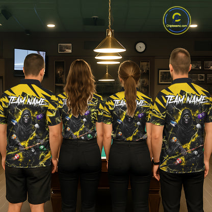 Billiard team wearing matching yellow Grim Reaper lightning 8 ball pool team jerseys, front view.
