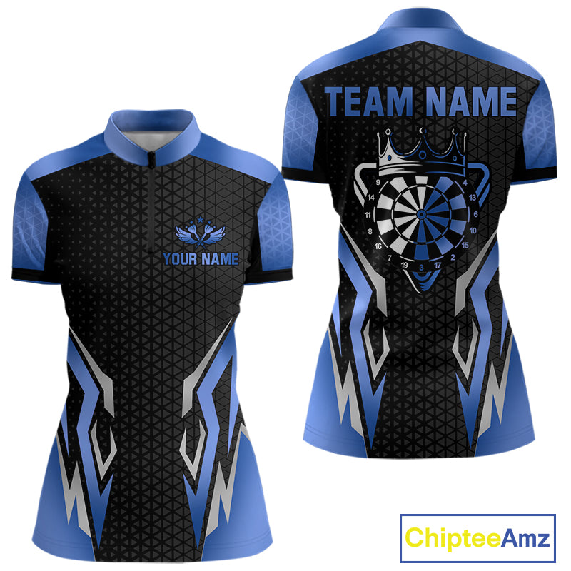 Black And Blue Funny Crown Darts Shirt For Women Custom Darts Jerseys Team Polo & Quarter Zip TDM5018