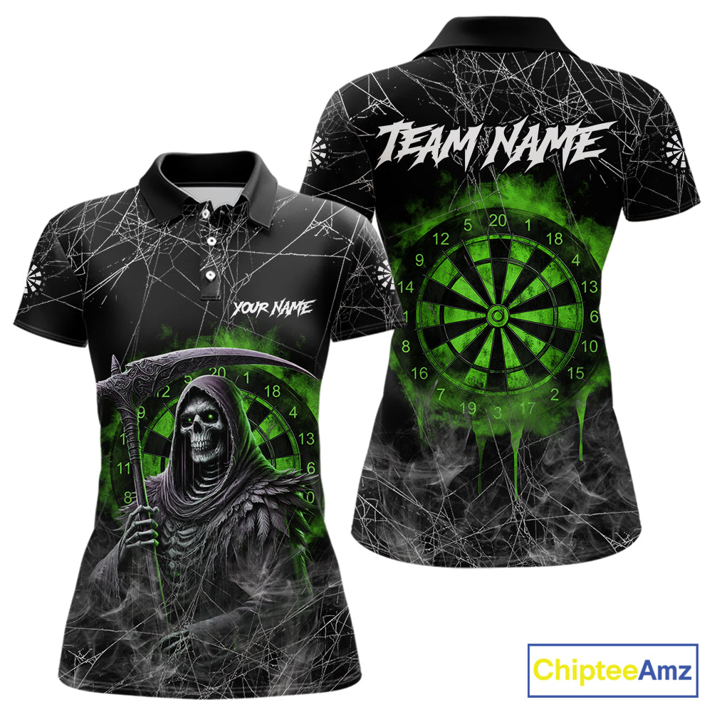 Black And Green Smoke Grim Reaper Funny Dart Shirts For Women Custom Dart Jerseys, Darts Clothing TDM5486