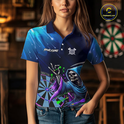 Funny Grim Reaper Blue Purple Galaxy Dart Shirts With Pocket Option For Women TDM5490