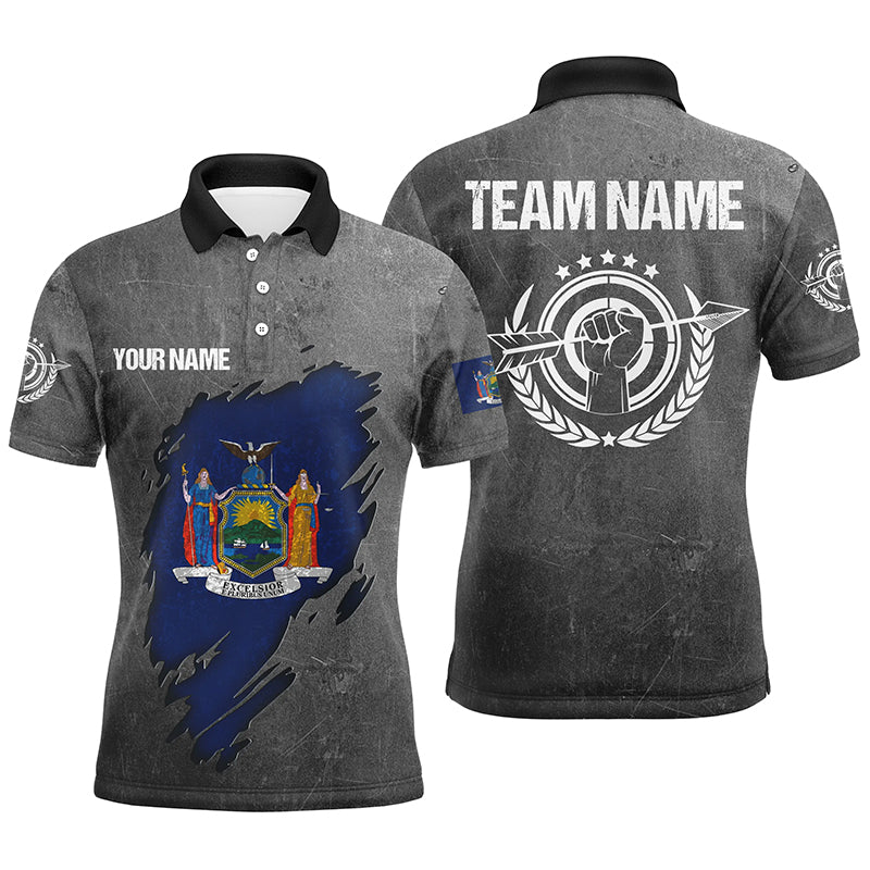 Personalized Grunge New York Archery Men Polo Shirts, Custom New York Flag Shirts For Archers TDM0930