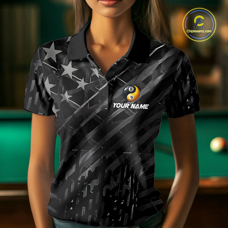 Black US Flag Yin And Yang Custom Eagle Billiard Shirts For Women, 8 Ball & 9 Ball Pool Team Jersey TDM6532