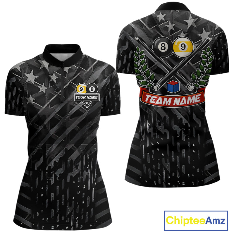 Black US Flag 8 Ball & 9 Ball Pool Billiard Shirt For Women Custom Billiard Team Jersey Polo, 1/4 Zip TDM6533