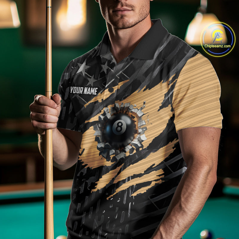 Black American Flag 8 Ball Billiard Shirt For Men Custom Billiard Team Jersey Polo & 1/4 Zip |Tan TDM6535