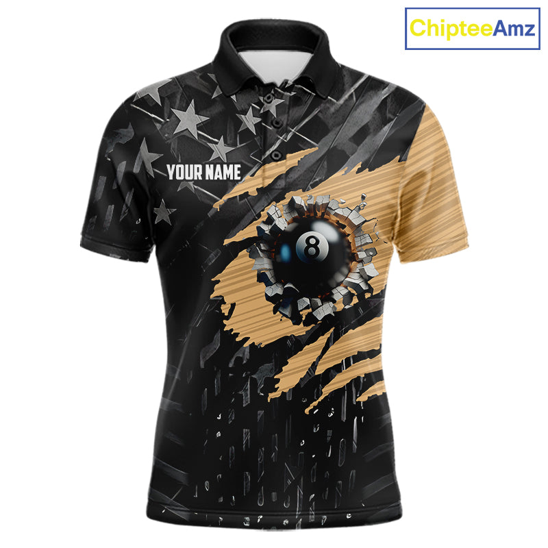 Black American Flag 8 Ball Billiard Shirt For Men Custom Billiard Team Jersey Polo & 1/4 Zip |Tan TDM6535