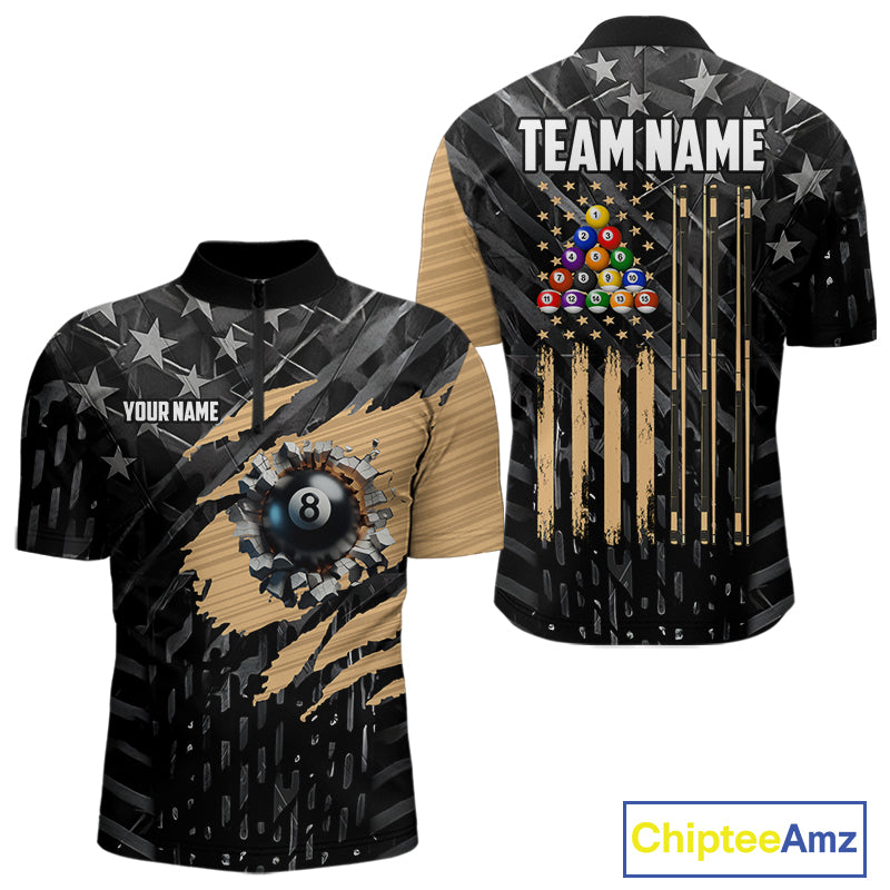 Black American Flag 8 Ball Billiard Shirt For Men Custom Billiard Team Jersey Polo & 1/4 Zip |Tan TDM6535