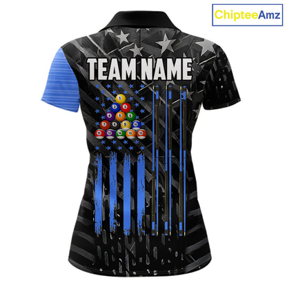 Black American Flag 8 Ball Billiard Shirt For Women Custom Billiard Team Jersey Polo & 1/4 Zip |Blue TDM6536
