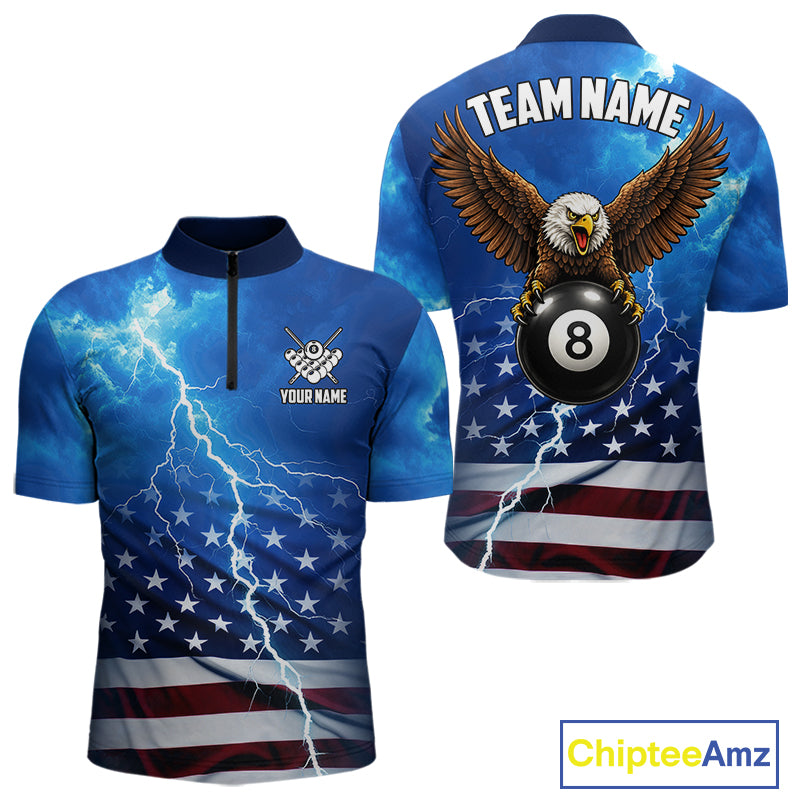 Blue Lightning American Flag Eagle Billiard Shirts For Men Custom 8 Ball Pool Jersey Polo, 1/4 Zip TDM6538
