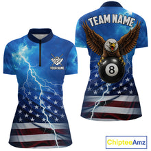 Load image into Gallery viewer, Blue Lightning American Flag Eagle Billiard Shirts For Women Custom 8 Ball Pool Jersey Polo, 1/4 Zip TDM6538