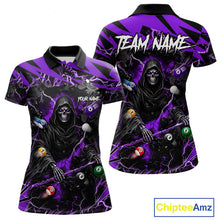 Load image into Gallery viewer, Purple grim reaper lightning 8 ball billiard polo shirt for women with custom pool team graphics.