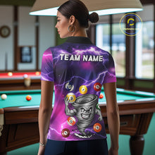Load image into Gallery viewer, Back view of woman wearing a purple 8 ball and 9 ball tornado pool shirt in a billiards hall.