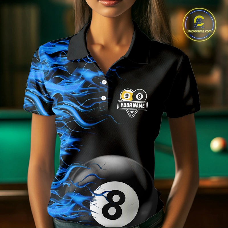 Blue Flaming 8 Ball & 9 Ball Billiard Shirt For Women Custom Pool Team Jersey Polo & 1/4 Zip TDM4377