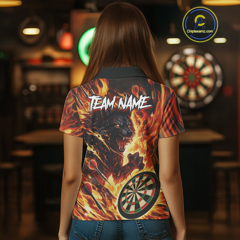 Orange Flaming Wolf Dartboard Jersey For Women Custom Darts League Team Shirt Polo & Quarter Zip TDM5022