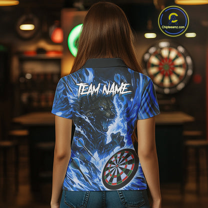Blue Flaming Wolf Dartboard Jersey For Women Custom Darts League Team Shirt Polo & Quarter Zip TDM5023
