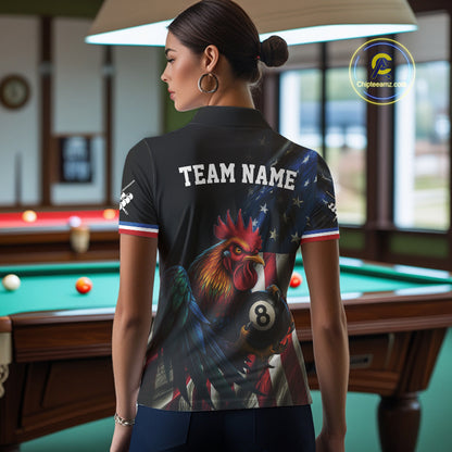 American Flag Rooster 8 Ball Women Billiard Polo & 1/4 Zip Custom Patriotic Team Billiard Jersey TDM5238