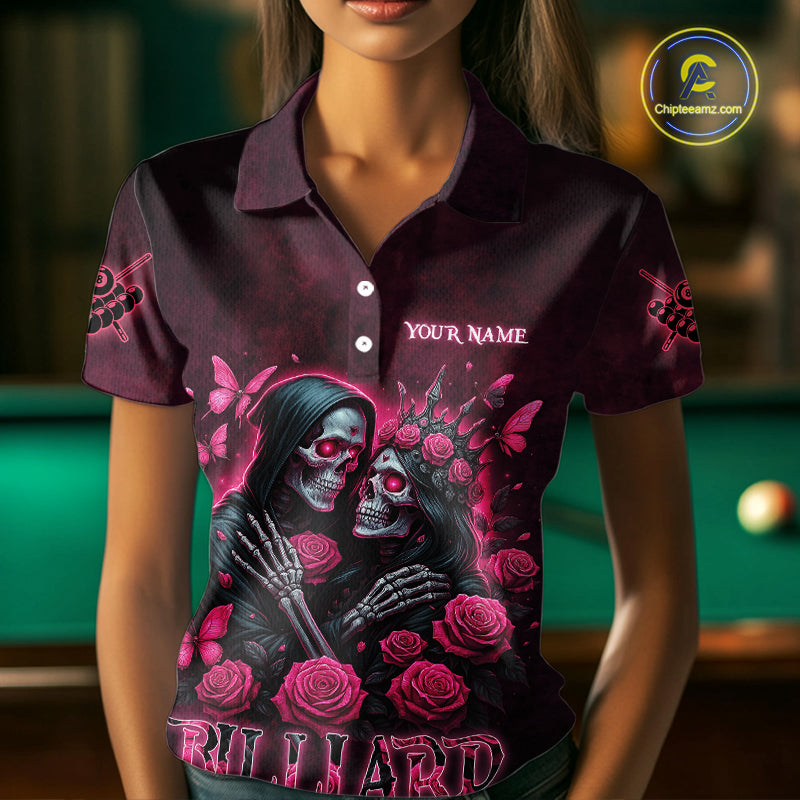 Customized Skeleton And Roses Gothic Romance Billiard Shirt For Women, Valentine 8 Ball Pool Jersey TDM5749