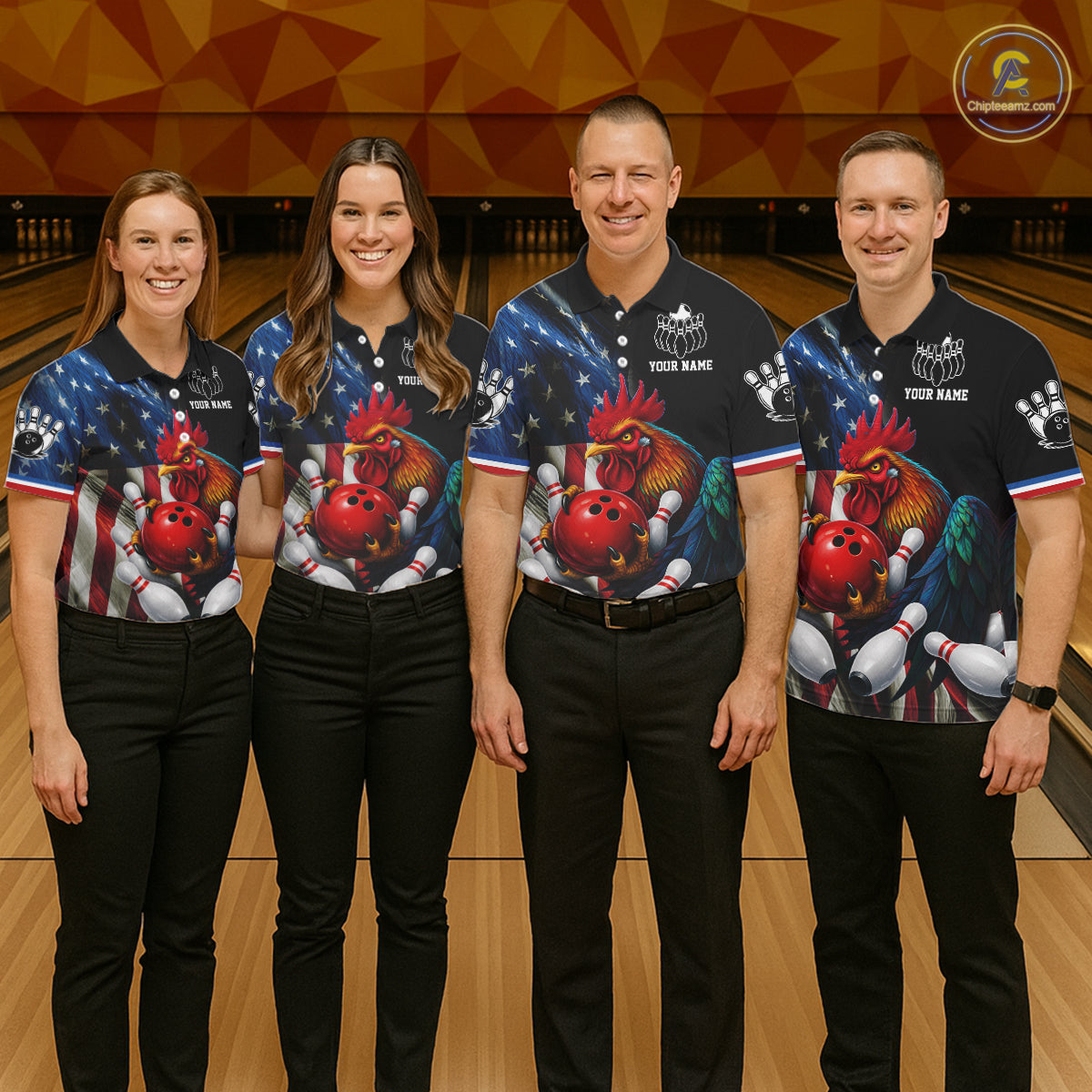 American Flag Rooster Bowling Jersey For Men Custom Patriotic Bowling Shirt Team Polo & 1/4 Zip TDM6119