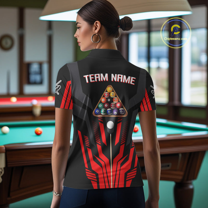 Personalized Red Black 8 Ball Pool Shirt For Women Custom Billiard League Team Jersey Polo & 1/4 Zip TDM4225