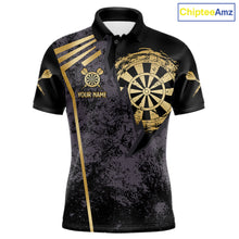Load image into Gallery viewer, Gold grunge dartboard darts polo shirt for men with custom darts team graphics.