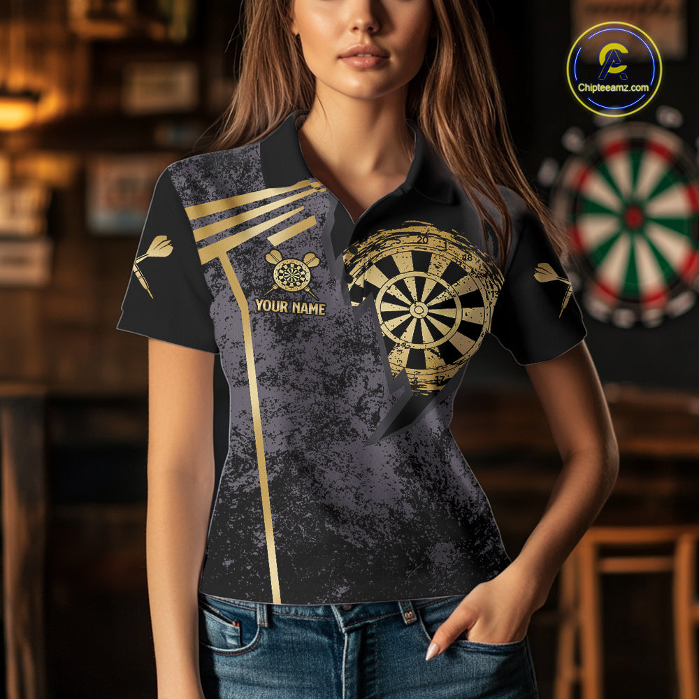 Woman wearing a gold grunge dartboard darts jersey front view.