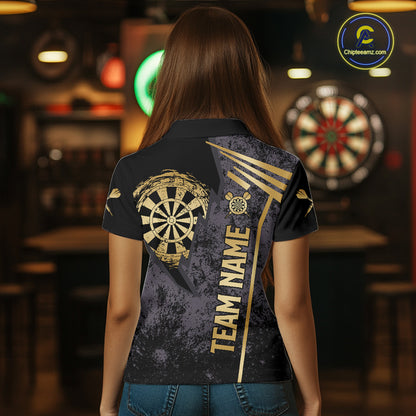 Back view of woman wearing a gold grunge dartboard darts shirt.