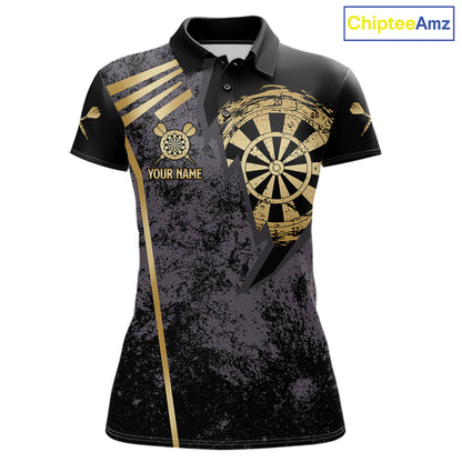 Gold grunge dartboard darts polo shirt for women with custom darts team graphics.