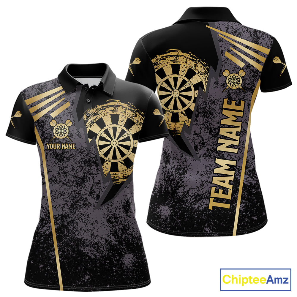 Gold grunge dartboard darts polo shirt for women with custom darts team graphics.