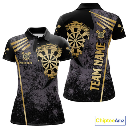Gold grunge dartboard darts polo shirt for women with custom darts team graphics.
