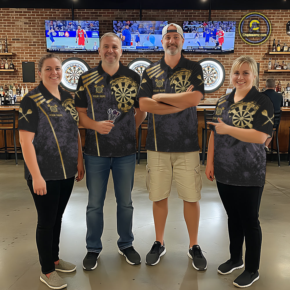 Darts team wearing matching gold grunge dartboard darts jerseys during league competition front view.