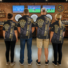 Load image into Gallery viewer, Back view of darts players wearing matching gold grunge dartboard darts shirts.