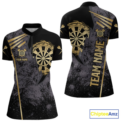 Gold grunge dartboard darts quarter zip shirt for women designed for league tournaments and team events.