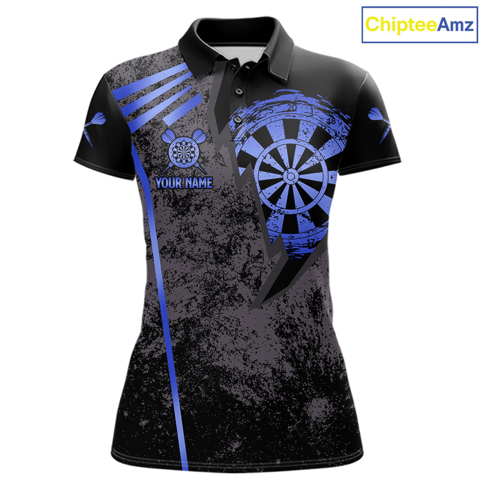 Blue grunge dartboard darts polo shirt for women with custom darts team graphics.