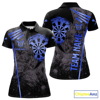Blue grunge dartboard darts polo shirt for women with custom darts team graphics.