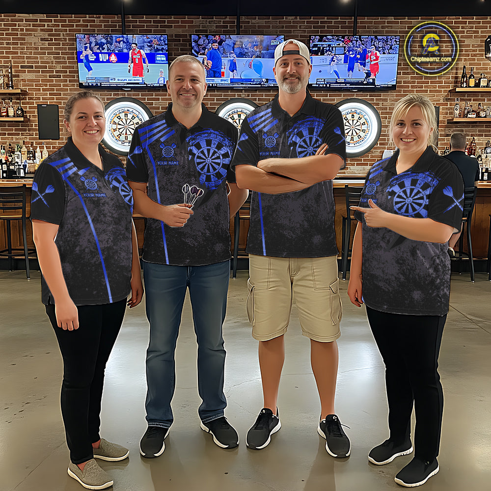 Darts team wearing matching blue grunge dartboard darts jerseys during league competition front view.
