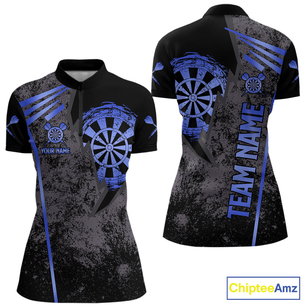 Blue grunge dartboard darts quarter zip shirt for women designed for league tournaments and team events.