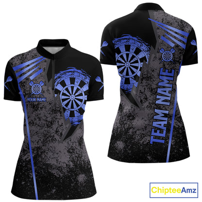 Blue grunge dartboard darts quarter zip shirt for women designed for league tournaments and team events.