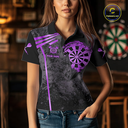 Woman wearing a purple grunge dartboard darts jersey front view.