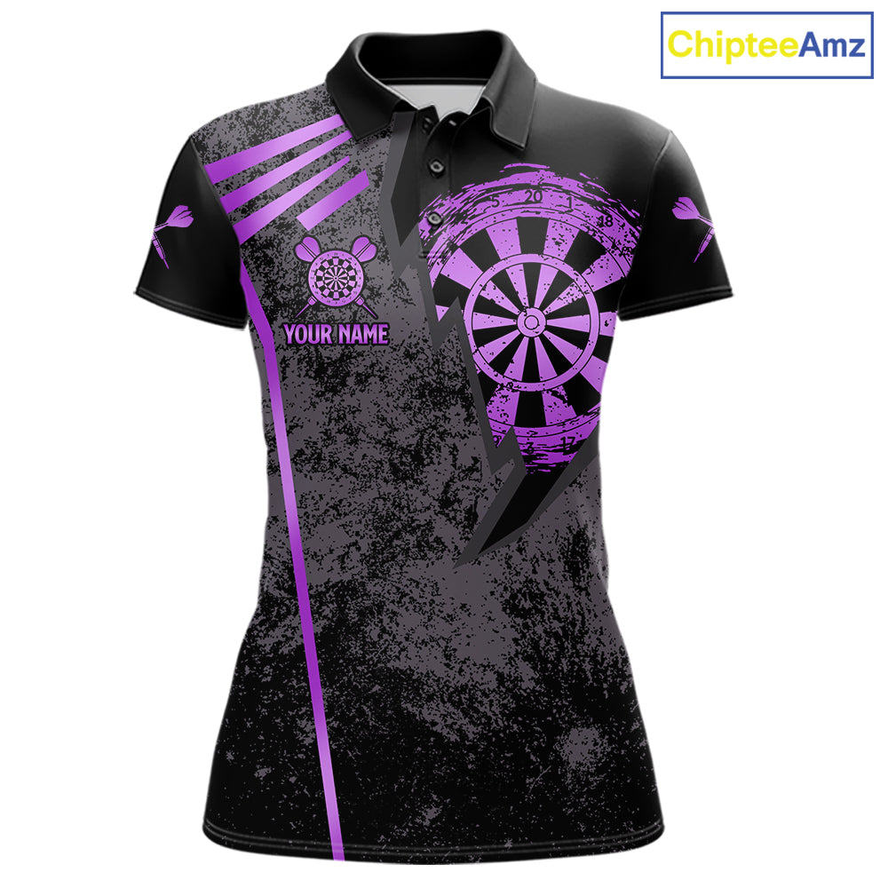 Purple grunge dartboard darts polo shirt for women with custom darts team graphics.