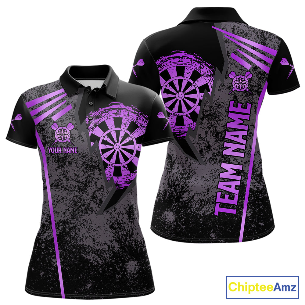 Purple grunge dartboard darts polo shirt for women with custom darts team graphics.