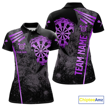 Purple grunge dartboard darts polo shirt for women with custom darts team graphics.