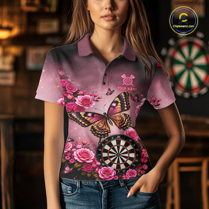 Woman wearing a butterfly and rose darts jersey front view.